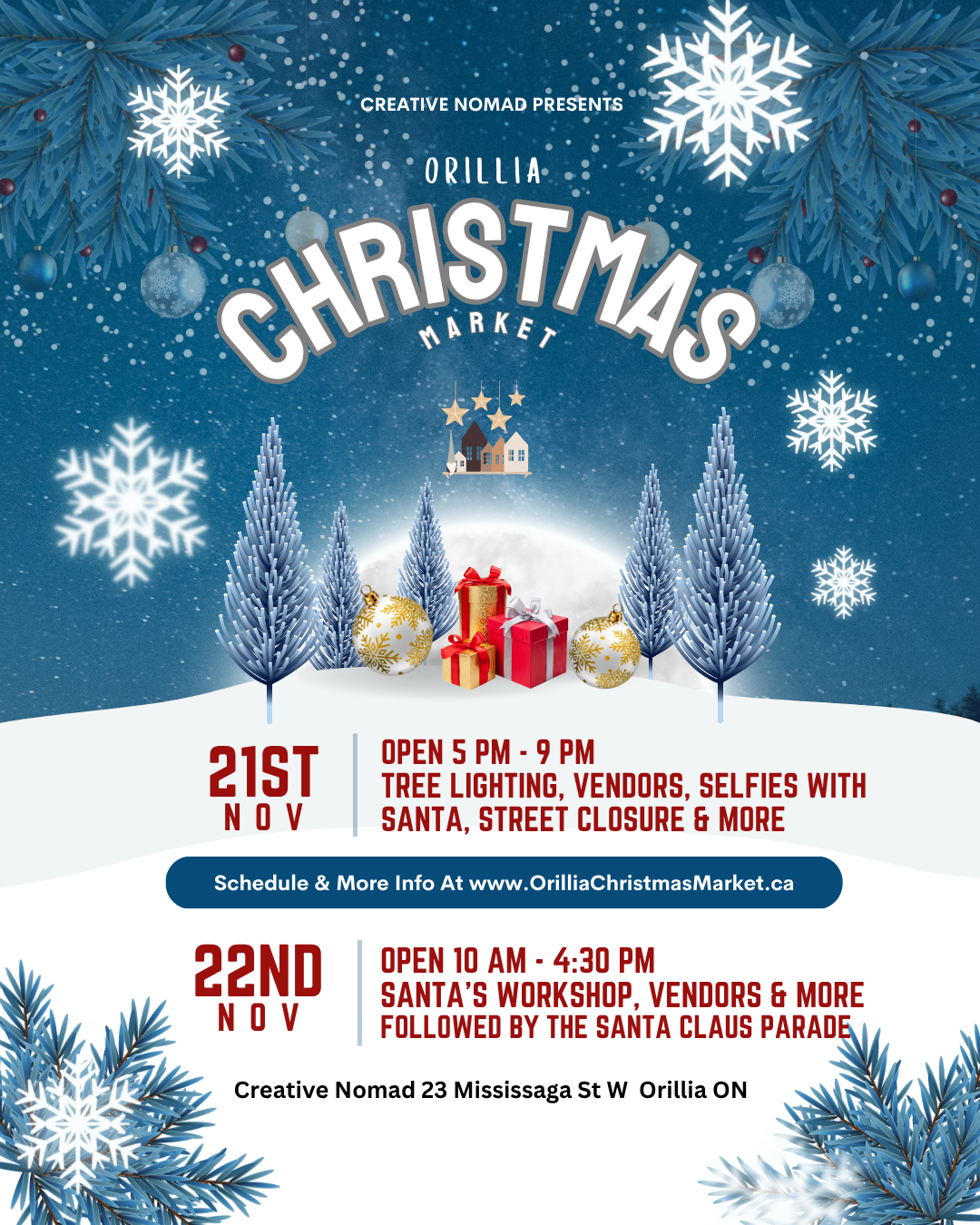 Orillia Christmas Market flyer with winter scene, trees, and presents.